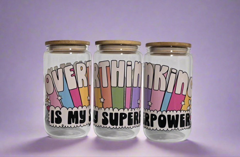 16oz. Glass Tumbler w/Lid - "Overthinking Is My Superpower"