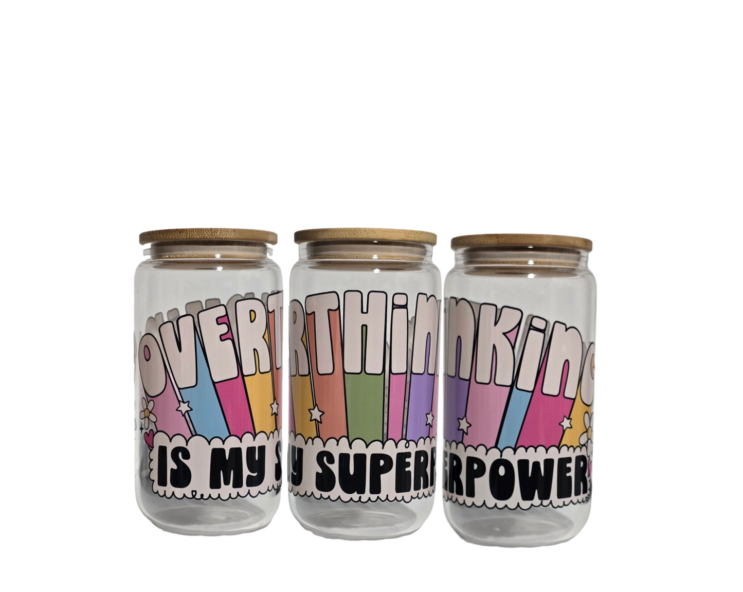 16oz. Glass Tumbler w/Lid - "Overthinking Is My Superpower"