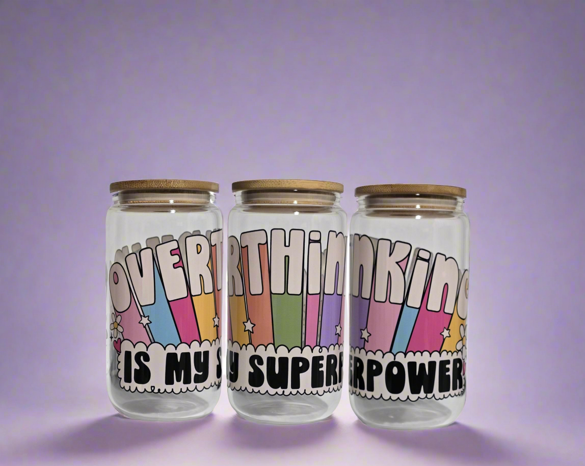 16oz. Glass Tumbler w/Lid - "Overthinking Is My Superpower"