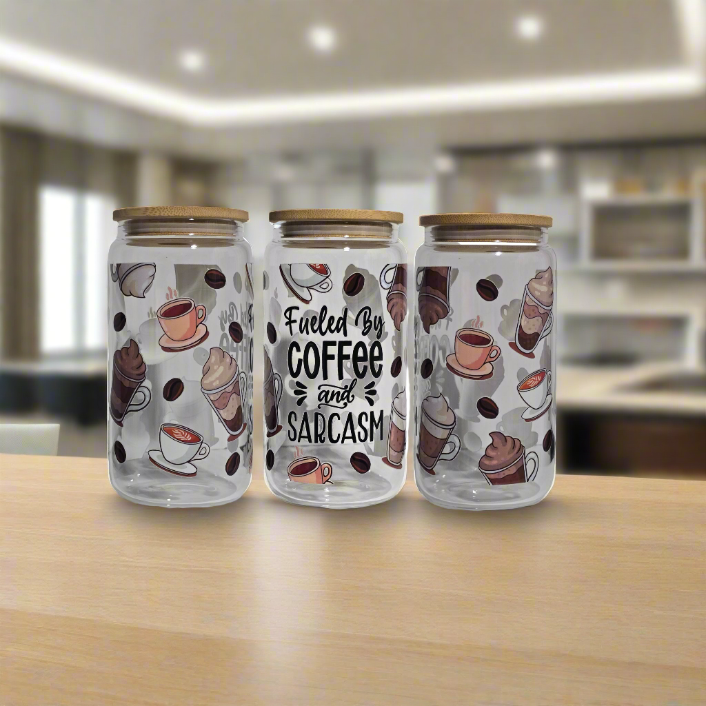 16oz. Glass Tumbler w/Lid - "Coffee & Sarcasm"